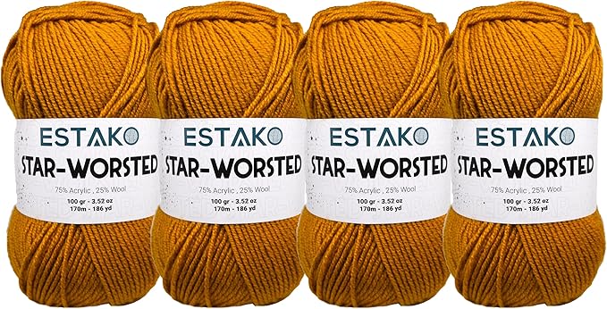Estako Star-Worsted Yarn - (4 Skeins Pack) - 75% Acrylic 25% Wool - Soft Medium Weight #4 - (4 x 3.52 oz / 4 x 186 yds) - Crochet & Knitting Yarn (42061 - Dark Yellow)