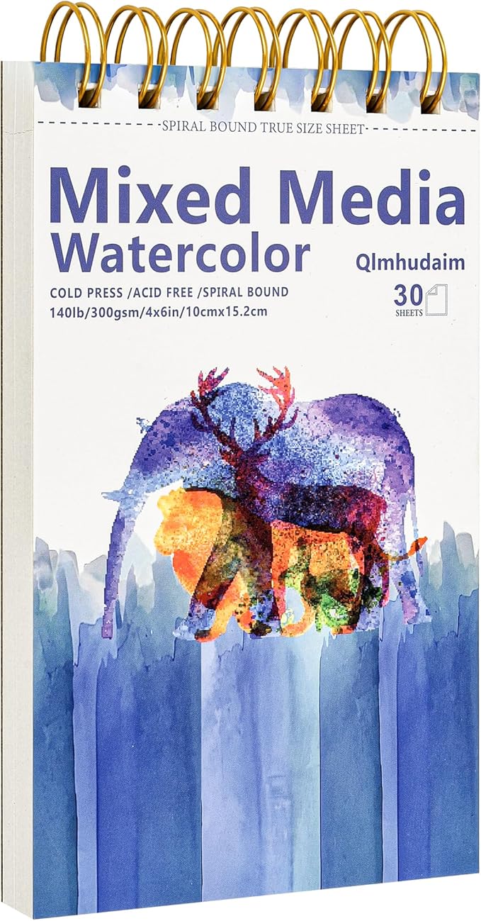 Qlmhudam Watercolor Paper Pad 4" x6”(30 Sheets, 140lb/300g), Spiral - Bound with Tear - Line. A Small Watercolor pad and Artist-Grade Watercolor Book for Adults & Kids -Compact Travel Sketchbook