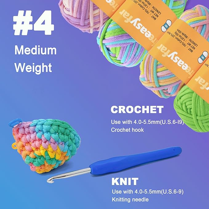 4x50g Beginner Easy Yarn Kit for Crocheting and Knitting; Worsted-Weight Medium #4;Crocheting and Knitting kit with Tool Set (Coral+Ocean+Periwinkle+Green, 4 Skein)