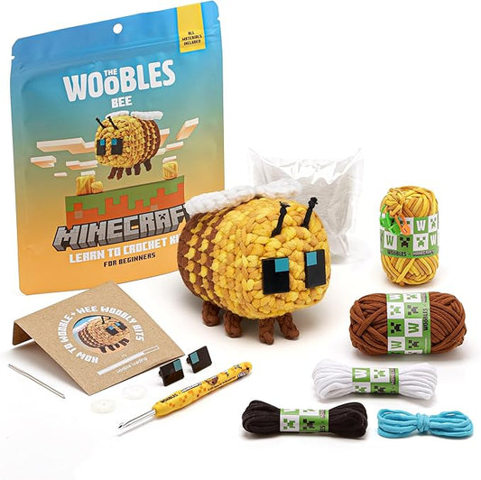 The Woobles Minecraft Crochet Kit – Beginner Crochet Kit for Adults and Young Crafters, Easy Knitting Kit with Woobles Yarn, DIY Crafts, Crochet Animals, Minecrafts, Gift for Gamers & Crafters (Bee)