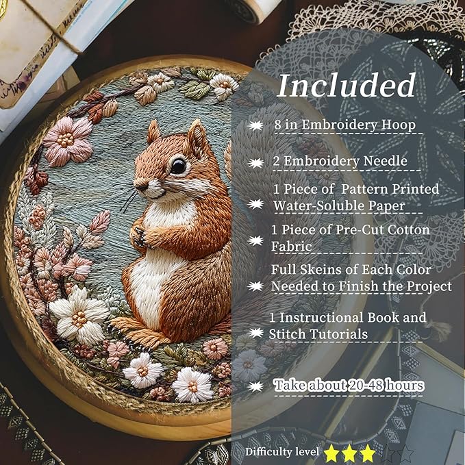 FONNUY Funny Squirrel Floral Embroidery Kit, Cross Stitch Kits for Beginners, Handmade Crafts with Printed Patterns for Beginner Adults, Easy to Follow Color Thread Needlework, 8'' Hoop (Happy)