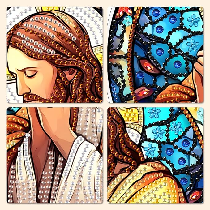 MXJSUA Diamond Art Hanging Kits for Adults Beginners, Stained Glass Jesus DIY Acrylic Special Shaped Crystal Diamond Gem Art Pendant Drills Painting Ornament for Home Wall Decor and Gift