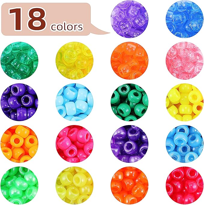 18 Color 9 mm Hair Beads for Hair Braids, Rainbow Pony Beads Kit for Jewelry Making Kandi Beads for Bracelets Making with Hair Beader and Rubber Band for Gift