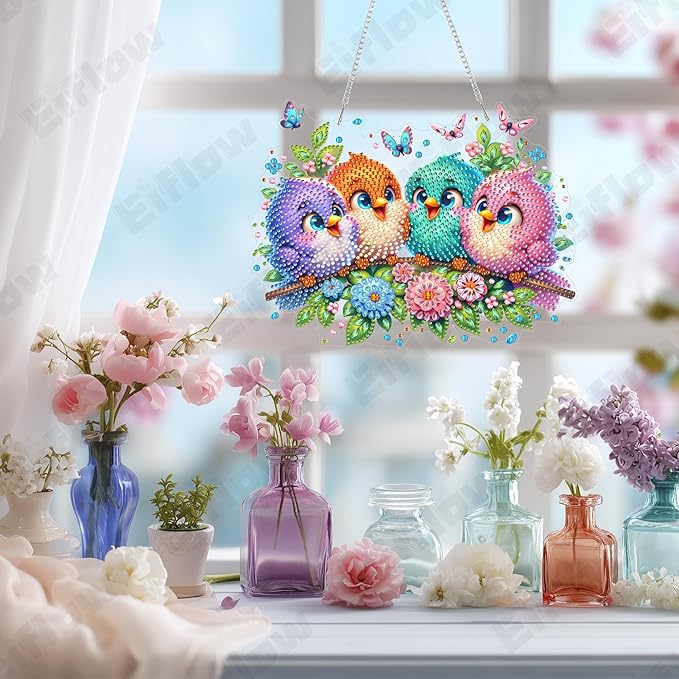 Eiflow Acrylic Diamond Art Hanging Kit for Adults, DIY Diamonds Painting Door Hanging Board Kit, Special Crystal Diamond Art Painting Pendant Ornament (Birds)