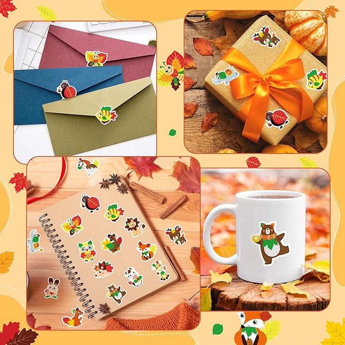 beyumi maple leaves animals stickers - 1000pcs fall leaf cute animals stickers in 2 rolls autumn thanksgiving adhesive decals fall holiday party favor supplies classroom office bottle decor