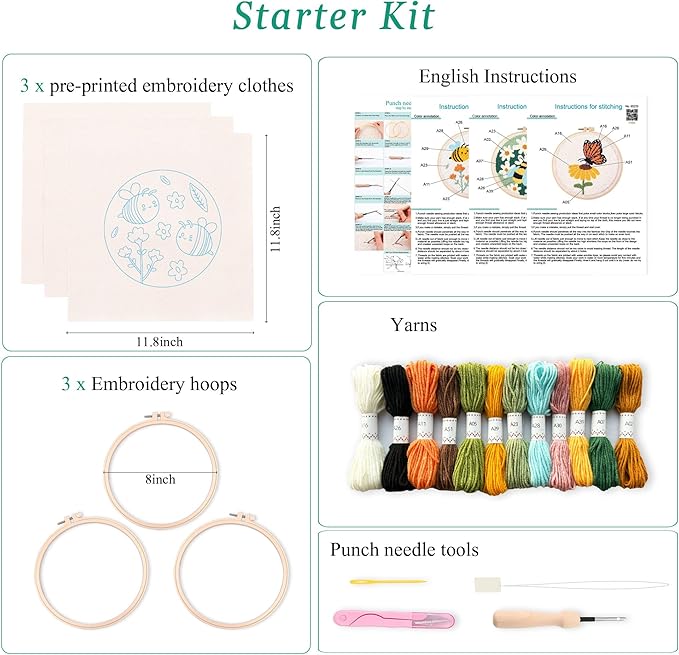 harimau 3pcs beginner embroidery kit,eye pattern,cross stitch kits, including stamped embroidery cloth with 3 embroidery hoops, multicolor color threads for embroidery kit (green)
