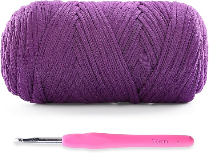 Soft T-Shirt Yarn for Crochet, T Shirt Yarns for Crocheting Crafts, Bags, Basket, Coaster, Tshirt Yarns - 400 g/130 yds with 1 Crochet Hook (1, Violet)