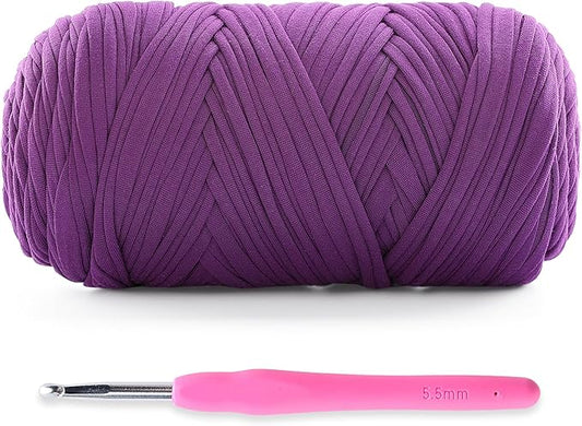 Soft T-Shirt Yarn for Crochet, T Shirt Yarns for Crocheting Crafts, Bags, Basket, Coaster, Tshirt Yarns - 400 g/130 yds with 1 Crochet Hook (1, Violet)