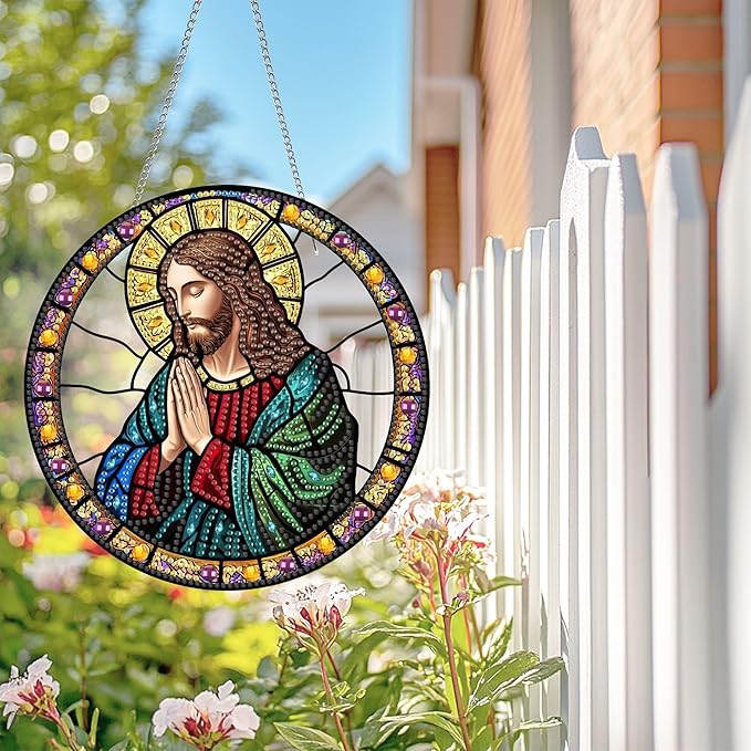 Wergund 5D DIY Jesus Diamond Art Hanging Kits, Hanging Diamond Art Religion, Acrylic Special Shaped Rhinestone, Window Hanging Pendants for Home Wall Garden Front Door Outdoor Decor Gift(Jesus)