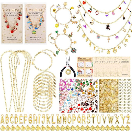 Wurosi 443 Pcs Gold Charm Bracelet Necklace Making Kit for Women, Including 8 Paperclip Chain Bracelets, 4 Paper Clip Chain Necklaces, Accessories for Jewelry Making, Crafts Beginner Supplies Gift