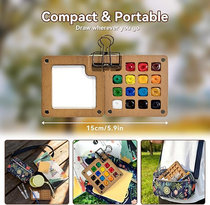 Mini Watercolor Kit Travel Set Pocket Watercolor Set with Wooden 15-Grid Palette, Crossbody Bag, 24 Colors Paint, 3 Brushes, Copper Clip & Sketchbook for Travel Painting