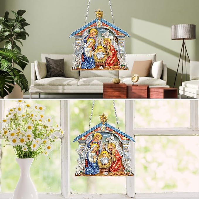 MXJSUA Diamond Art Hanging Kits for Adults Beginners, DIY Acrylic 5D Special Shaped Crystal Diamond Gem Art Painting Hanging Ornament for Home Wall Decor and Gift (Nativity Holy Family)
