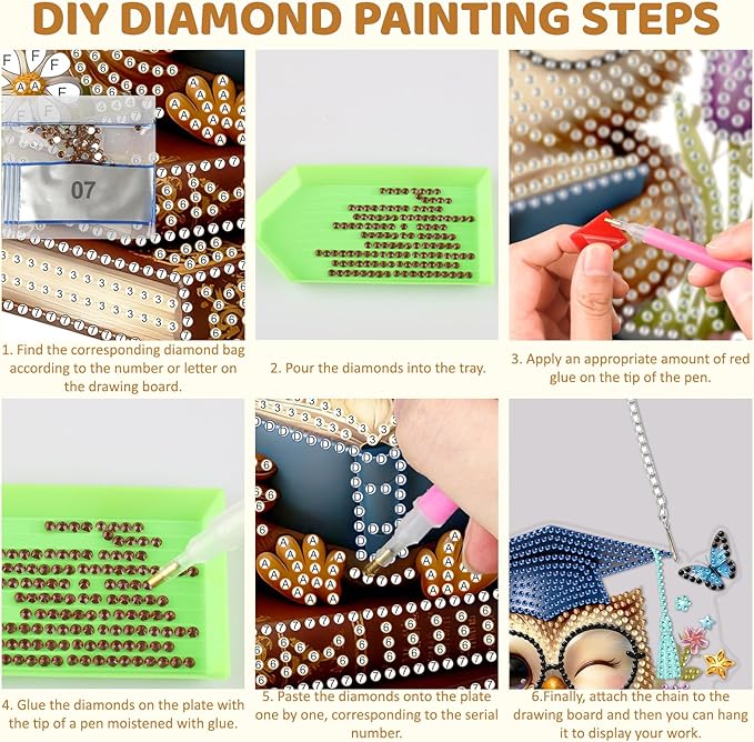 MEIYUDA Owl Diamond Art Hanging Kits for Adult, Book Owl Diamond Painting Hanging Kits Ornaments, DIY Special Shaped Rhinestone Window Pendants Kit for Home Garden Wall Decor Gift