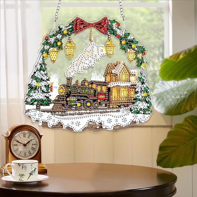 Yomiie Train House Sun Catcher Window Hanging - DIY Double Sided Diamond Painting Pendant Kit, Acrylic Diamonds Art Ornament for Front Door Sign & Indoor/Outdoor Garden Christmas Decor(8x8 inch)