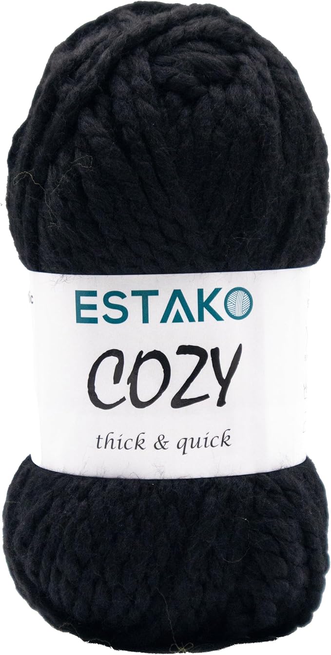 Estako Cozy Thick & Quick Yarn 20% Wool 80% Acrylic Soft Super Bulky Weight #6 Knitting and Crocheting Yarn 3.52 oz (100gr) 65 yds (60 m) (50968-Black)