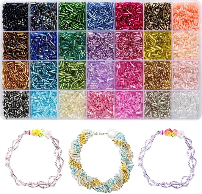 Ybxjges 4800Pcs 7mm Tube Beads Kit with 28 Colors Glass Bugle Seed Beads Small Craft Beads for DIY Bracelet Necklaces Jewelry Making