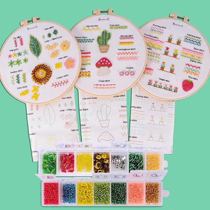 bonroy bead embroidery kit for adults beginners, learn to embroider 26 stitches, stitches kit, bead embroidery kit, beginner embroidery practice with step-by-step guide & video