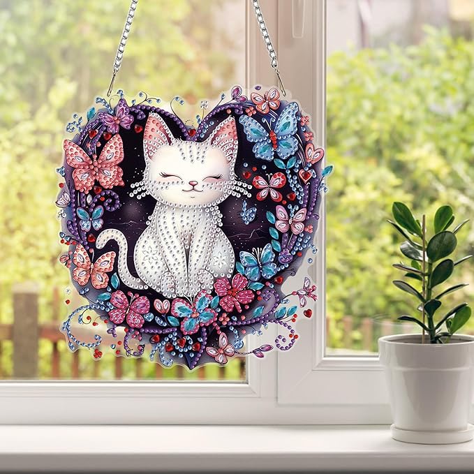 HEIBAGO Cat Diamond Art Hanging Kits for Adults, Diamond Art Suncatchers, 5D Special Shape Diamond Painting Pendant, DIY Window Ornament Gifts for Home Garden Door Wall Decor 8.3 x 8.3 Inch