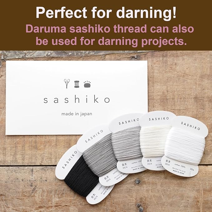 DARUMA Sashiko Thread 100% Cotton Card Type (32.8 yd) x 5 Colors with English Manual, Sewing & Embroidery Value Set with Gift Package(Thick, Yukidoke)