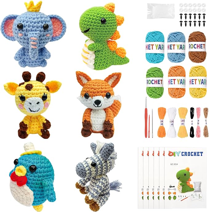 asopetch 6pcs crochet kit for beginners, diy craft for adults and kids, great gife for crochet lovers, crocheting animal kits with step by step videos,yarn,crochet hook,birthday, holiday gift