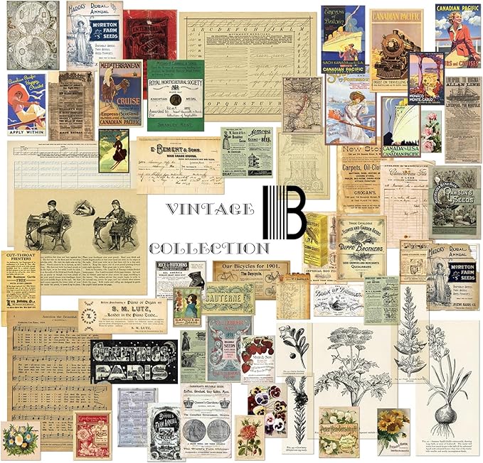 CATaireen Vintage Junk-Journal Mixed Paper Scrapbooking Embellishments Set Retro Journaling Decoupage Stickers Textured Packaging Decorative Cards Tags Kit (Poster B)