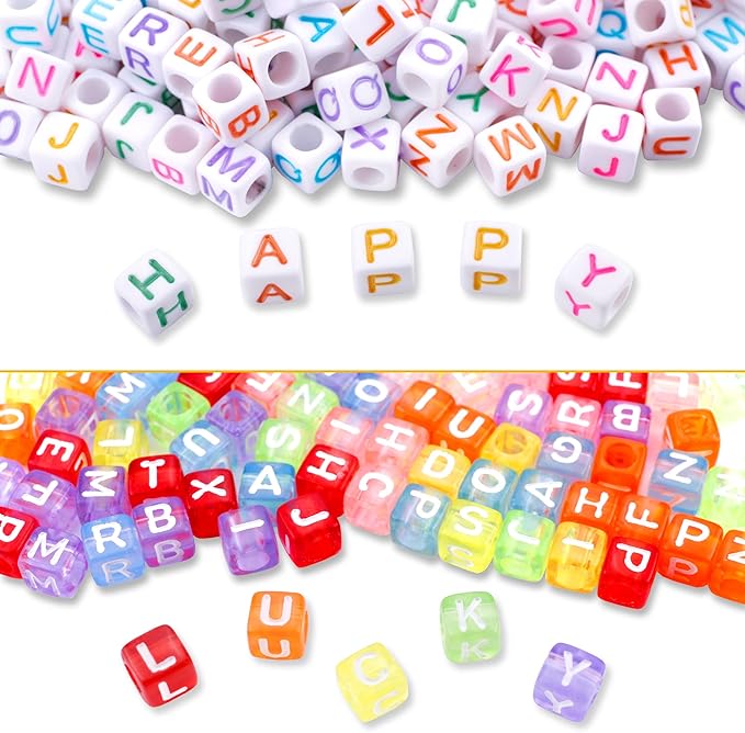 Augshy 1400pcs 5 Color Cube Alphabet Beads Bracelet Letter Beads for Bracelets Making with 1 Roll 50M Crystal String Cord for Jewelry Making（6mm）