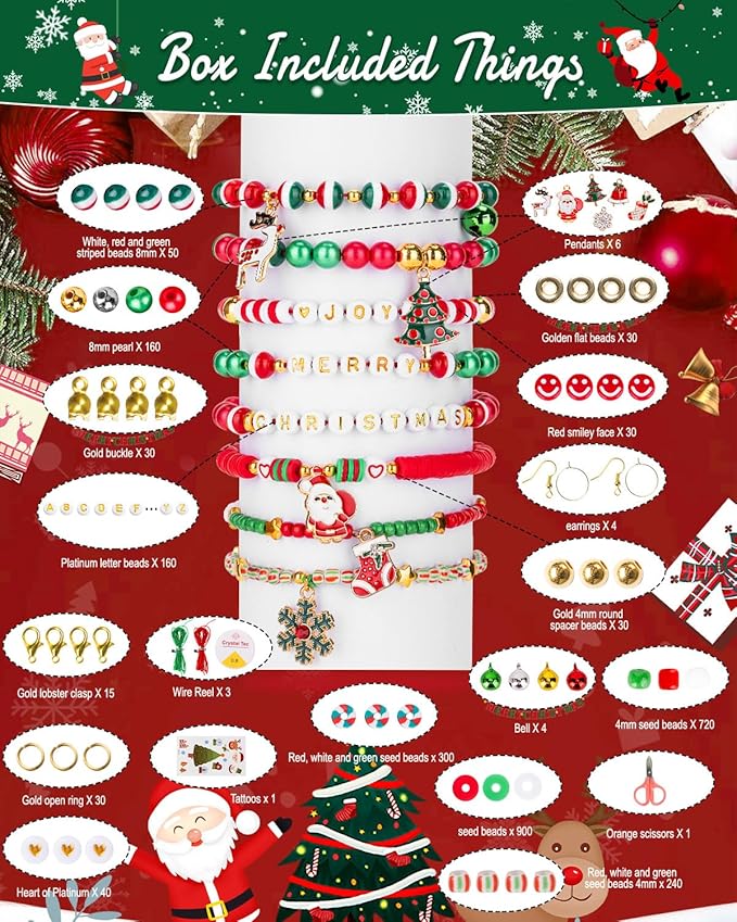 Goldwise Christmas Friendship Bracelet Kit, Xmas Beads and Letter Beads (A-Z) for Jewelry Making, Varieties of Charms for Bracelets，DIY Christmas Crafts for Gifts