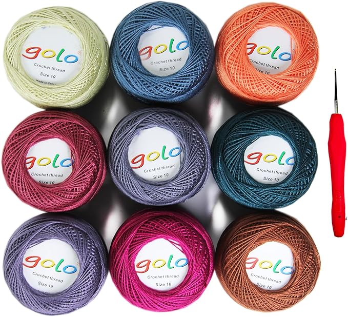 golo 9 Skeins Crochet Thread Size10 Embroidery Thread 10g Crochet Yarn for Hand Knitting 10-9-4