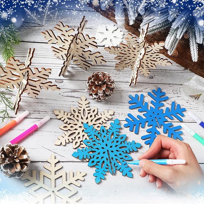Blosssound 48 Pcs Winter Crafts Set 36 Pcs 3D Wood Snowflake Cutouts Wooden Unfinished Snowflake Slices to Paint with 12 Colored Marker for Winter Wonderland Decoration Christmas DIY Handmade Project