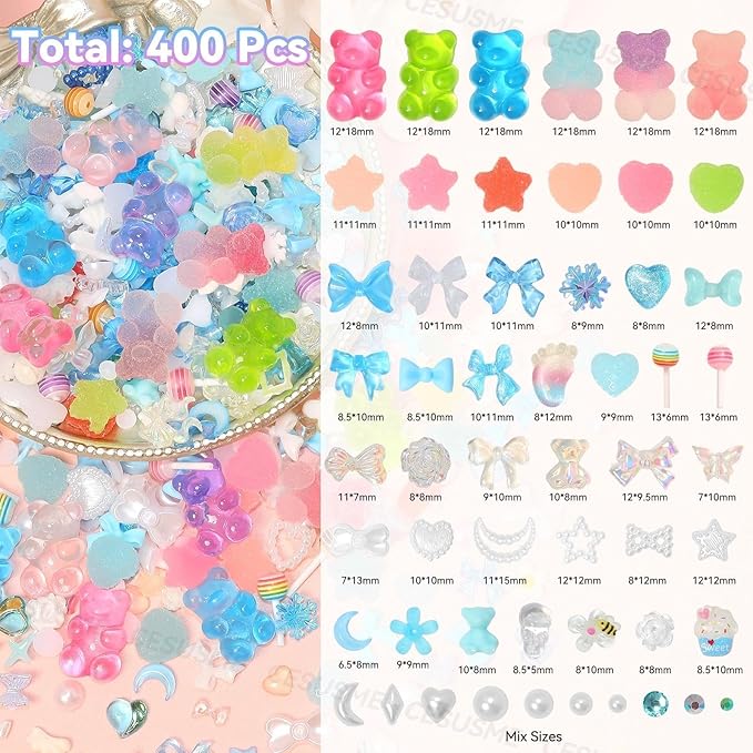 400 Pcs Candy Pearls Junk Phone Case Kit, Flower Bow Star Moon Pearls Case Phone Charms, Flatback Resin Rhinestones Cute Gummy Bear for Junk Cases Decor Accessories