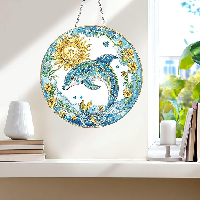 Wergund 5D DIY Dolphin Diamond Art Hanging Kits, Hanging Diamond Art Animal, Acrylic Special Shaped Rhinestone, Window Hanging Pendants for Home Wall Garden Front Door Outdoor Decor Gift(Dolphin)