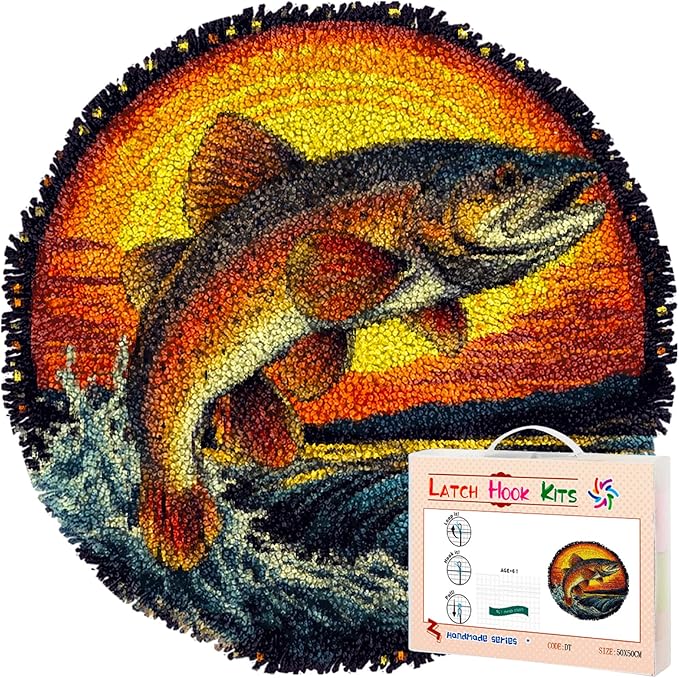 Latch Hook Rug Kit for Adults Trout Fish Jumping Out River and SunsetStamped Handmade Round Shape Carpet Crochet Yarn Craft DIY Hook and Latch Door Mat Tapestry for Home Floor Decor 50x50cm(6)