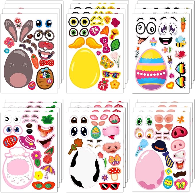 smilinfit 24 sheets easter stickers for kids toddlers, easter basket stuffers, make a face stickers crafts with eggs themed, kids party favor supplies decorations activities gifts for girls boys