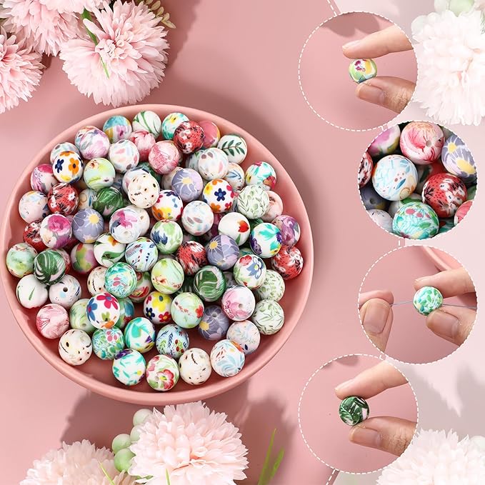 Ferreve 120 Pcs 15mm Silicone Beads Bulk Silicone Beads Print Rubber DIY Bracelet Making Kit for Keychain Making Pens Necklace Jewelry(Floral)