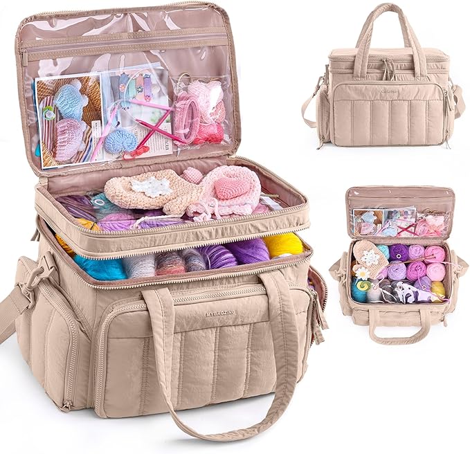 MYBAGZING Large Knitting & Crochet Bag Organizer for Yarn Storage, Double-Layer Knitting Project Bag with 6 Grommets, Yarn Organizer Tote for Knitting Supplies Crochet Hooks & Accessories Gift for Mom