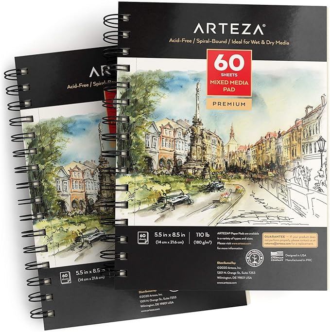 ARTEZA Mixed Media Sketchbook, 5.5 x 8.5 Inches, Pack of 1, 60 Sheets, Micro-Perforated Spiral-Bound Paper Pad for Wet and Dry Media