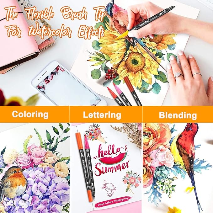 Soucolor Art Brush Markers Pens for Adult Coloring Books, 36 Colors Numbered Dual Tip (Brush and Fine Point) Marker Pen for Note taking Planner Hand Lettering Calligraphy Drawing Journaling