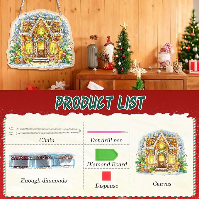 EMIEAUFG Christmas Diamond Art Hanging Kit for Adult, Xmas House Diamond Art Pendants, Double Sided Acrylic & 5D Special Shaped Rhinestone, Christmas DIY Ornament for Window Home Wall Decor