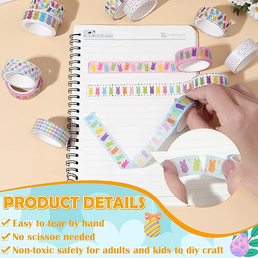 Easter Bunny Washi Tape - 12 Rolls Little Pastel Marshmallow Rabbit Designs, Residue Free, Easy Tear Paper for Spring Scrapbooking, Gift Wrapping, Holiday Card Making & Classroom Crafts