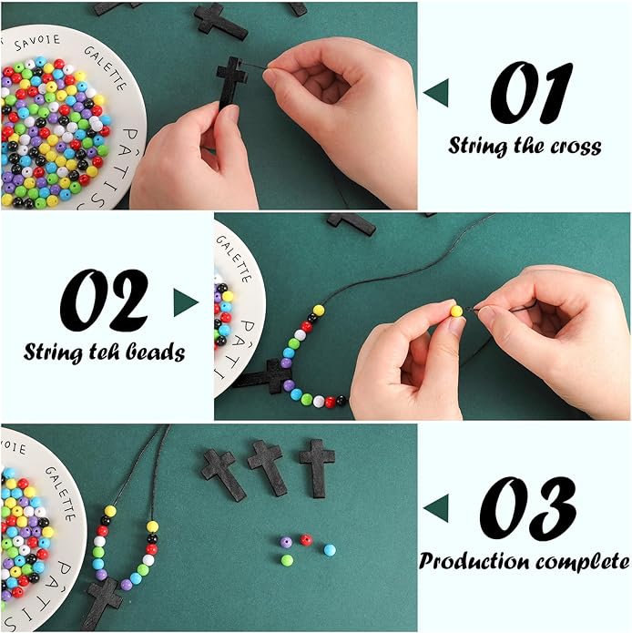 Kathfly DIY Wood Cross on Cord Pendant Necklace Sunday School Crafts for Kids Wood Cross Necklace with Colorful Beads Religious Party Favor for Vbs Church Easter Gifts