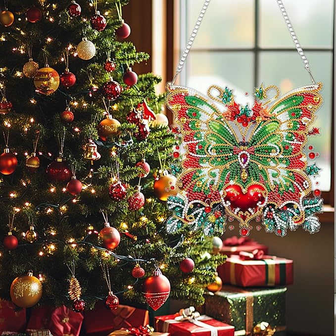 SENQAO Christmas Diamond Art Hanging Kits for Adults, Butterfly Diamond Art Suncatchers, 5D Special Shape Diamond Painting Pendant Window Ornament Gifts for Home Door Wall Decor