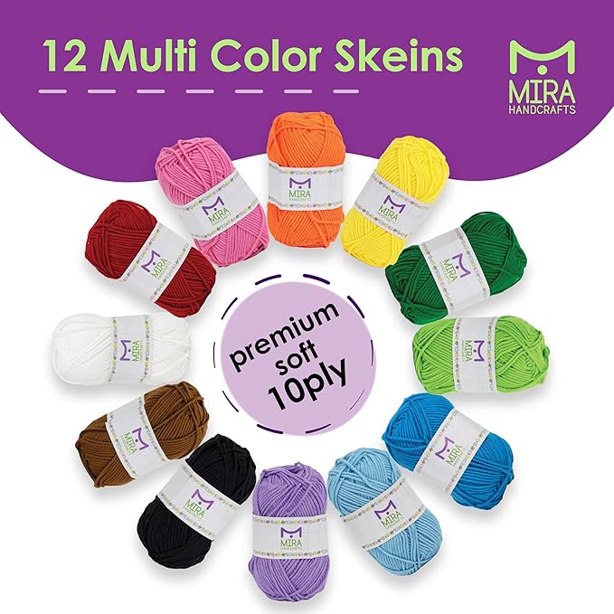 mira handcrafts 12 acrylic yarn skeins - crochet and knitting starter kit for colorful arts and crafts with 1,312 yards of multicolored thread - make amigurumi, granny squares, scarves, and throws