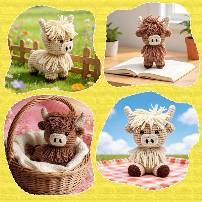 GONELYON Crochet Kit for Beginners, 2 PCS Crochet Animal Kit Highland Cattle, with Step-by-Step Video Tutorials, Beginner Crochet Kit for Adults, DIY Amigurumi Animal Craft Kit