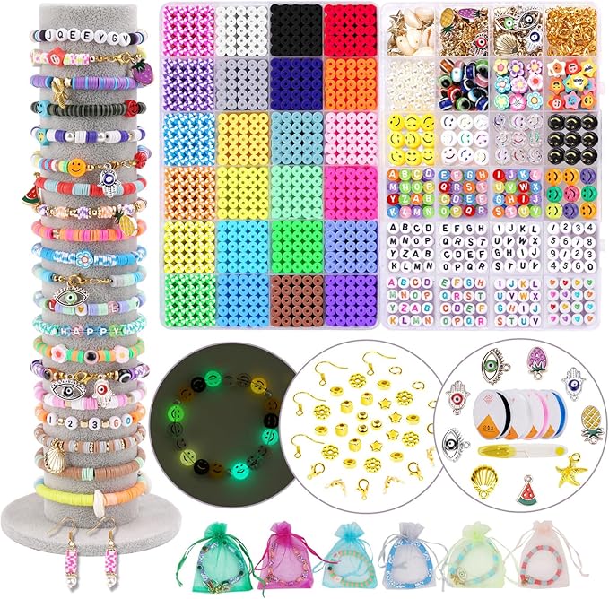 JQEEYGV Friendship Bracelet Kit, 2 Boxs 7300Pcs Clay Beads for Bracelet Making Kit with Number Letter Beads DIY Jewelry Charms Making Crafts Gifts for Girls Ages 6-12