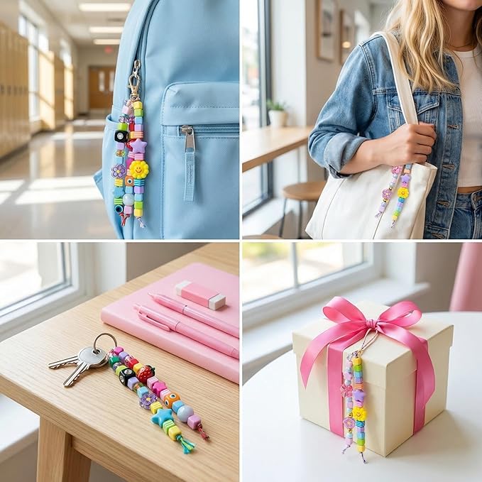 Keychain Making Kit 300PCS Complete Set for Adults Beginners DIY Bead with Resin & Acrylic Charms Bag Charm Kit Birthday Party Favors Gift