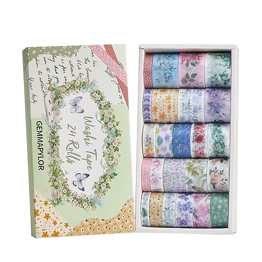 Floral Washi Tape Set 24 Rolls, Spring Decorative Masking Tape for Junk Journal, Scrapbooking Supplies, DIY Crafting Supplies