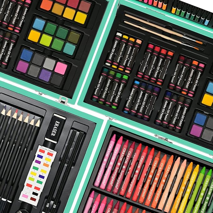 Sunnyglade 145 Piece Deluxe Art Set, Wooden Art Box & Drawing Kit with Crayons, Oil Pastels, Colored Pencils, Watercolor Cakes, Sketch Pencils, Paint Brush, Sharpener, Eraser, Color Chart (Green)