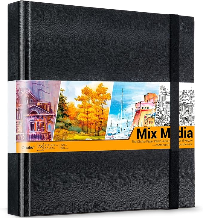 Ohuhu Mixed Media Pad - 8.3" x 8.3" Square Mix Media Sketchbook, 120 lb/200 gsm Heavyweight Papers, 78 Sheets/156 Pages, PU Hardcover Multi-Media Paper Pad for Acrylic Painting Christmas Gift