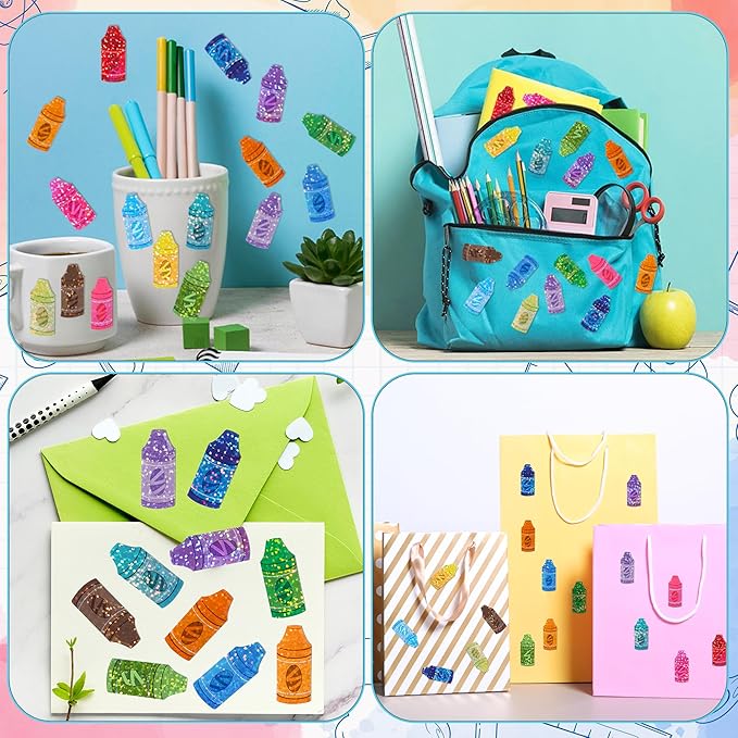 beyumi colorful laser crayon sticker - 1000pcs back to school laser crayon stickers in 2 rolls holographic colorful sparkly glitter first day of school adhesive decal gift party envelope decor for kid