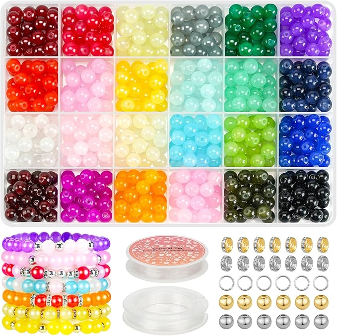 sistenia 8mm glass beads jewelry making kit, 24 colors crystal beads for bracelets round beads diy crafts with spacer beads accessories
